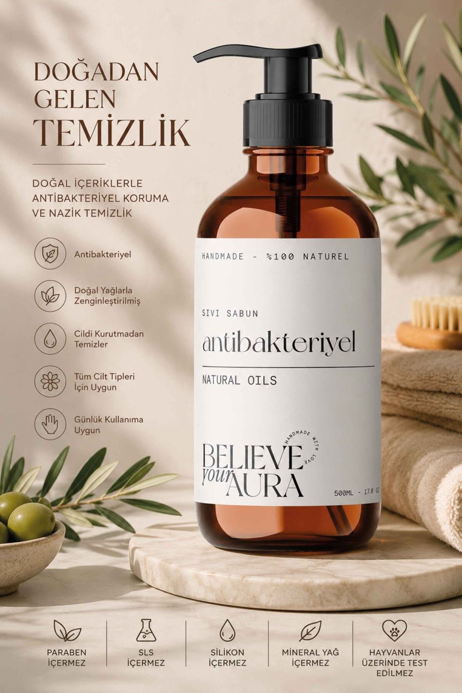 Antibakteriyel Sıvı Sabun - %100 Doğal Çay Ağacı Yağı, Kekik Yağı ve Nioli Yağı El, Ayak ve Tırnak Bakım Sabunu - 500 ml SIVANT116-116