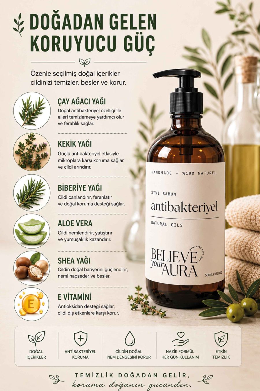 Antibakteriyel Sıvı Sabun - %100 Doğal Çay Ağacı Yağı, Kekik Yağı ve Nioli Yağı El, Ayak ve Tırnak Bakım Sabunu - 500 ml SIVANT116-116