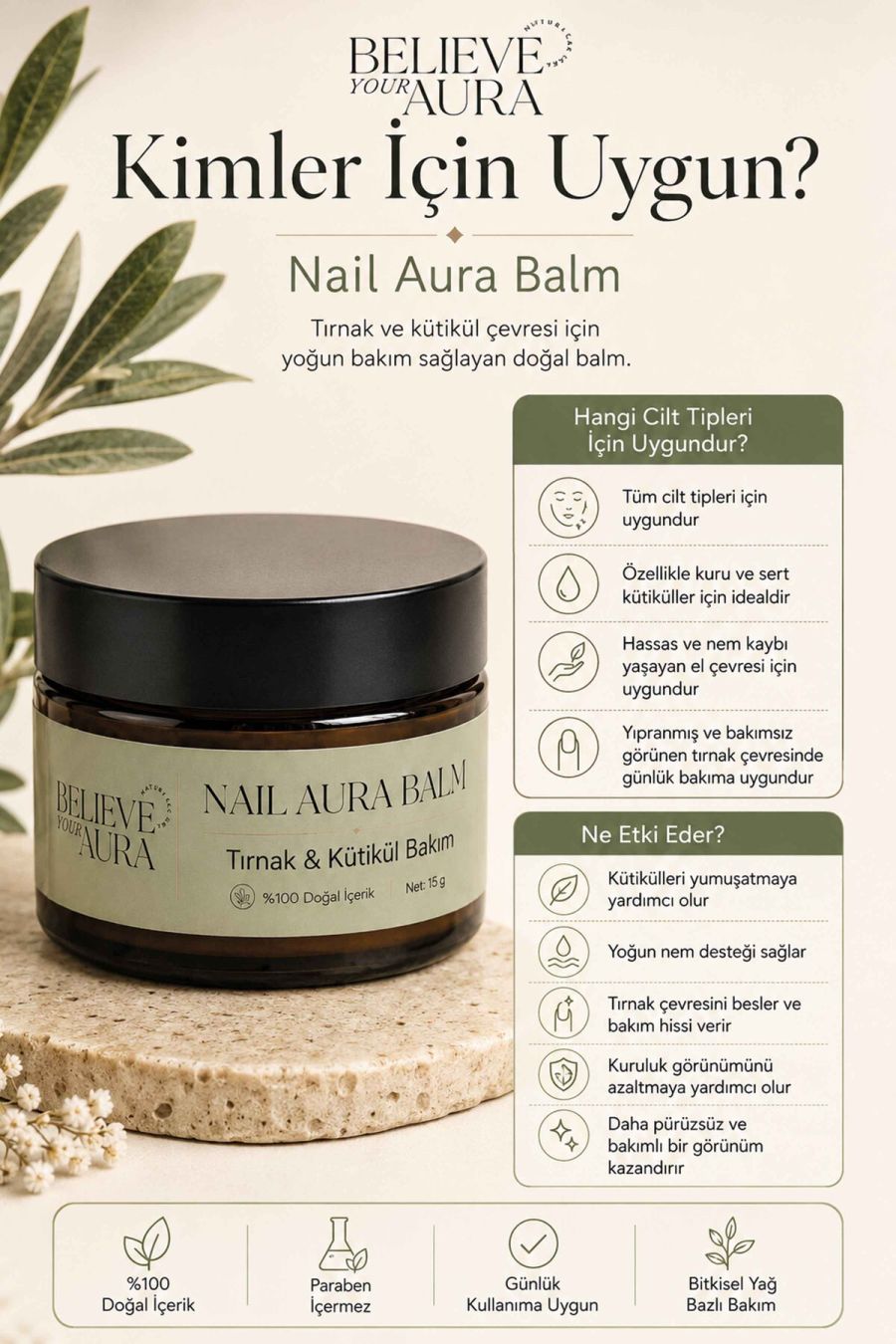 Tırnak Bakım Balmı - %100 Doğal Besleyici Güçlendirici E-Vitamini ve Keratinli Tırnak ve Kütikül Bakım Balmı - 30 ml TRNKBKMBLM-30