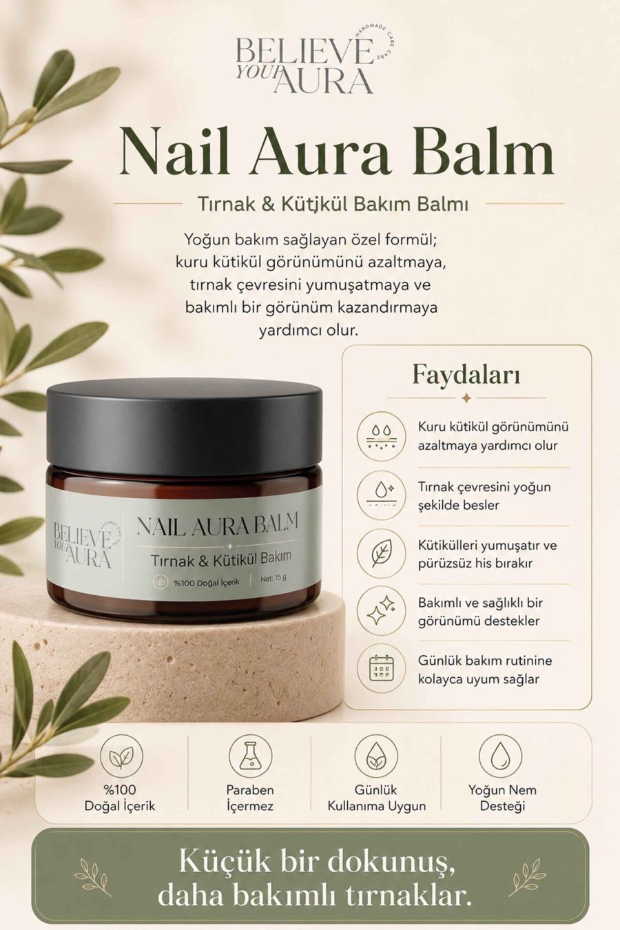 Tırnak Bakım Balmı - %100 Doğal Besleyici Güçlendirici E-Vitamini ve Keratinli Tırnak ve Kütikül Bakım Balmı - 30 ml TRNKBKMBLM-30