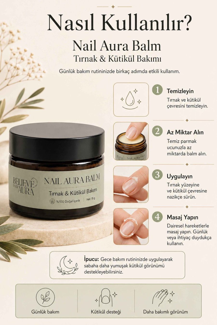 Tırnak Bakım Balmı - %100 Doğal Besleyici Güçlendirici E-Vitamini ve Keratinli Tırnak ve Kütikül Bakım Balmı - 30 ml TRNKBKMBLM-30