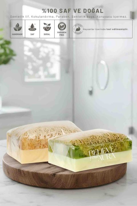 Believe Your Aura Doğal Kabak Lifli Eşek Sütlü Bal ve Keçi Sütlü Aloe Vera Sabunu 2'li Exculisive Set KLESSETALOEBAL-2