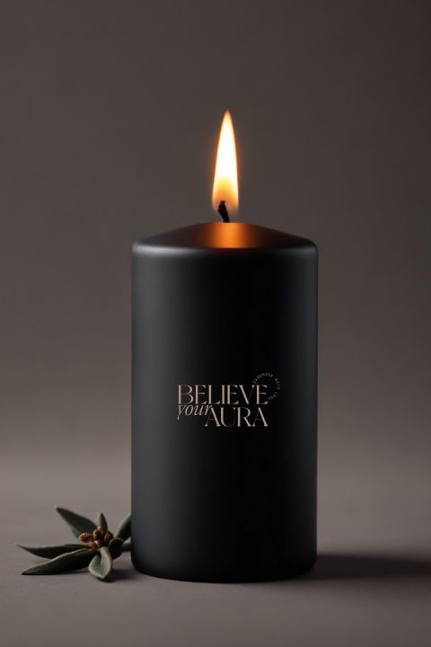 Believe Your Aura Sandal Ağacı Kokulu %100 Doğal Soya Mumu Silindir Siyah Dekoratif Mum - KLM202-20-25