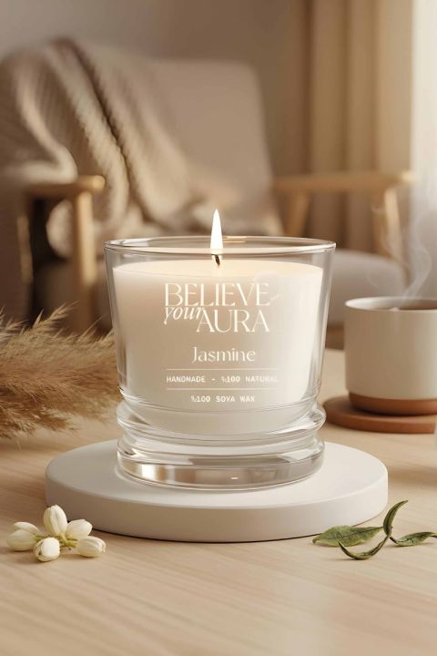 Believe Your Aura Yasemin Kokulu Bardak Mum - %100 Doğal Soya Mumu Aromaterapi Bardak Mum-MBSBRD02610-YSM