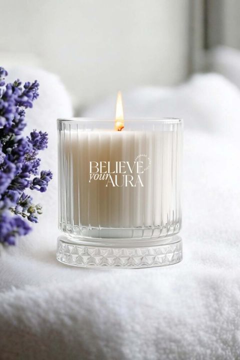 Believe Your Aura Lavanta Kokulu Mum - %100 Doğal Soya Mumu Kristal Bardak Aromaterapi Kokulu Mum - MBSBRD03710-LVN