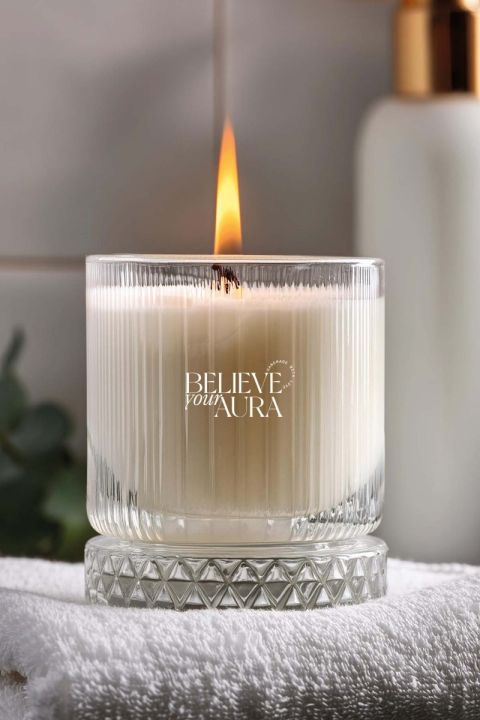 Believe Your Aura Vanilya Kokulu Mum - %100 Doğal Soya Mumu Kristal Bardak Aromaterapi Kokulu Mum -MBSBRD03710-VNL