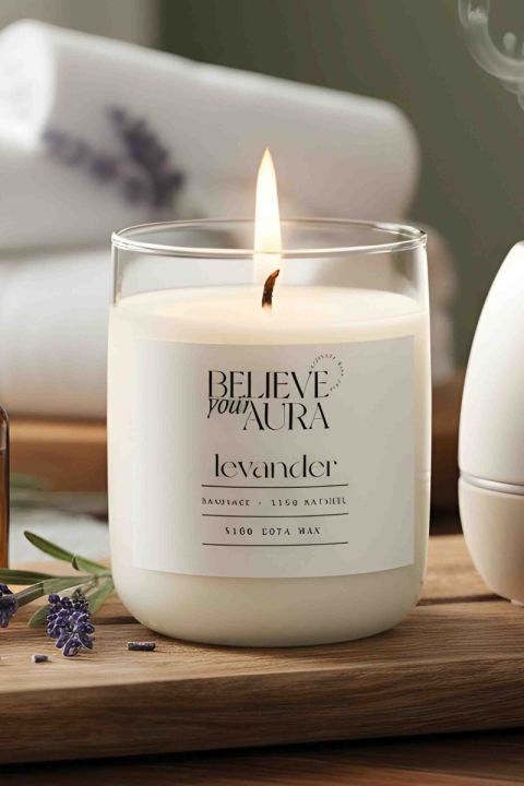 Believe Your Aura Lavanta Kokulu Bardak Mum - %100 Doğal Soya Mumu Aromaterapi Bardak Mum MBSBRD04510-LVN
