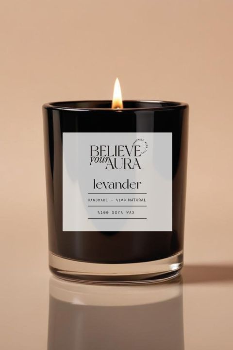Believe Your Aura Lavanta Kokulu %100 Doğal Soya Mumu Aromaterapi ve Dekoratif Siyah Bardak Mum -MBSBRD05010-LVN