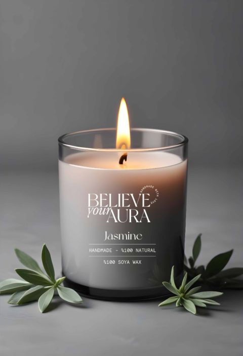 Believe Your Aura Yasemin Kokulu Mum - %100 Doğal Soya Mumu Aromaterapi ve Dekoratif Gri Bardak Mum -MBSBRD06910-YSM