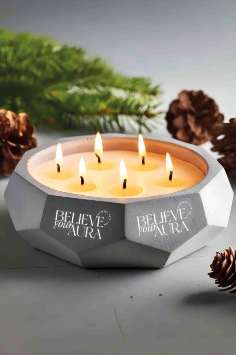 Believe Your Aura Sandal Ağacı Kokulu Mum - %100 Soya Mumu El Yapımı Beyaz Beton Aromaterapi Kokulu Mum MBSBTN200510-10-SND