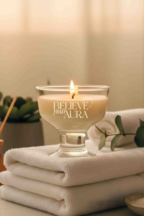 Believe Your Aura Pudra Kokulu Kase Mum - %100 Doğal Soya Mumu Aromaterapi vs Dekoratif Kase Mum MBSKAS01710-PDR