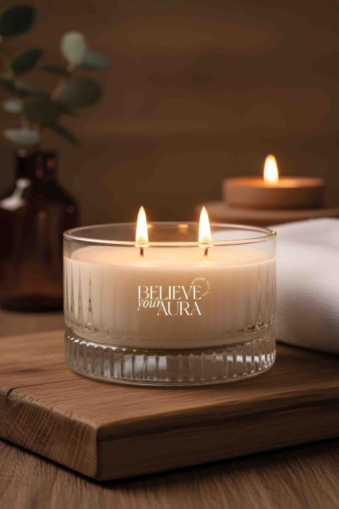 Believe Your Aura Pudra Kokulu Kase Mum - %100 Doğal Soya Mumu Kristal Kase Aromaterapi Mum MBSKAS03810-PDR