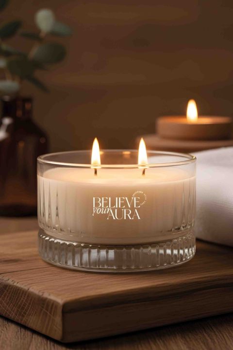 Believe Your Aura Sandal Ağacı Kokulu Mum - %100 Doğal Soya Mumu Kristal Kase Aromaterapi Mum MBSKAS03810-SND