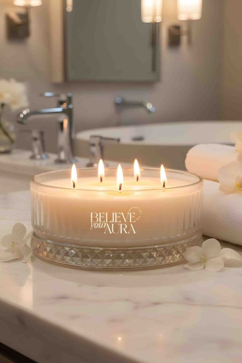 Believe Your Aura Sandal Ağacı Kokulu Mum - %100 Doğal Soya Mumu Kristal Kase Aromaterapi Mum MBSKAS03910-SND