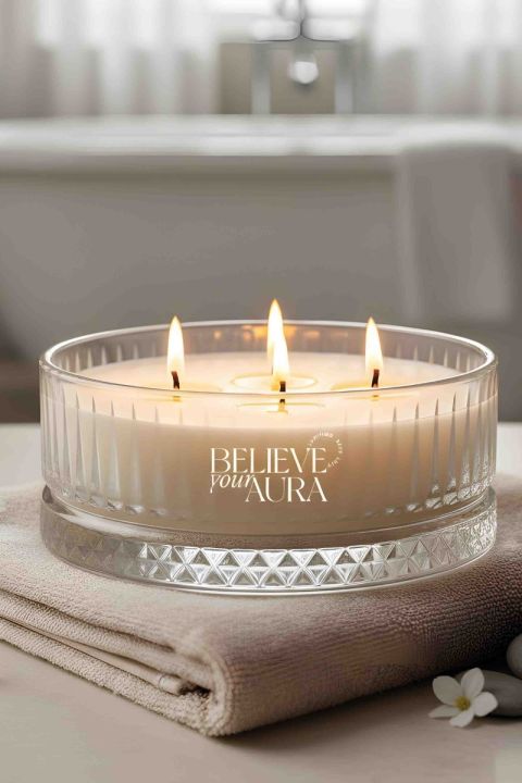 Believe Your Aura Vanilya Kokulu Kase Mum - %100 Doğal Soya Mumu Kristal Kase Aromaterapi Mum MBSKAS03910