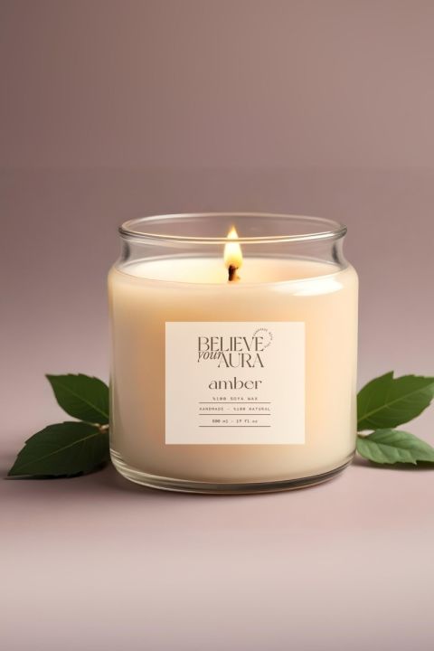 Believe Your Aura Amber Kokulu Mum - %100 Doğal Soya Mumu Ahşap Kapaklı Aromaterapi Kavanoz Mum - MBSKAV04610-AMB