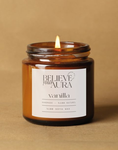Vanilya Kokulu Kavanoz Mum - %100 Doğal Soya Mumu Amber Kavanoz Aromaterapi Mum 100 cc