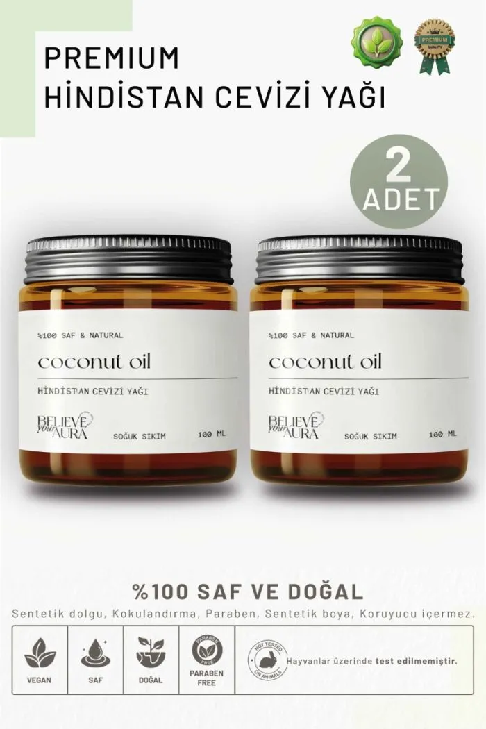 Hindistan Cevizi Yağı - %100 Saf ve Doğal Soğuk Sıkım Premium 2'Lİ - Coconut Oil - 2x100 ml
