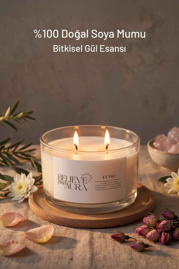 Gül Kokulu Kase Mum - %100 Soya Mumu Aromaterapi Kase Mum 120 cc