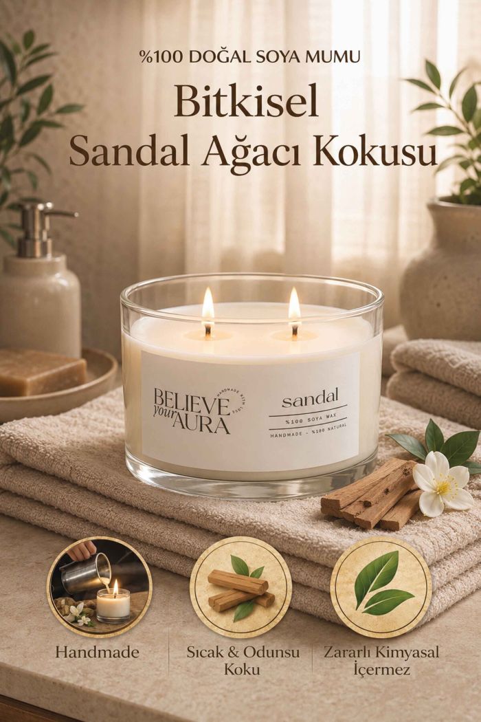 Sandal Ağacı Kokulu Mum - %100 Soya Mumu Aromaterapi Kase Mum 120 cc