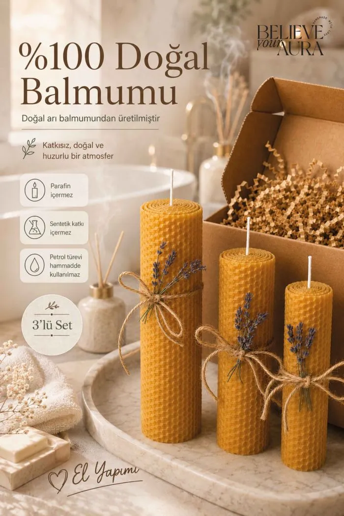 %100 Doğal Petek Balmumu - Premium El Yapımı Parafinsiz Katkısız Dekoratif Hediyelik Yoga ve Meditasyon Mumu - 3'lü Set