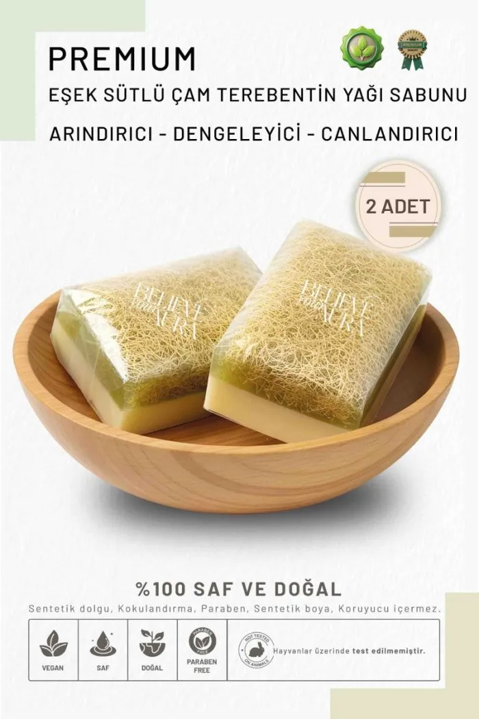 Eşek Sütlü Çam Terebentin Yağı Sabunu - Doğal Kabak Lifli Arındırıcı Canlandırıcı 2 Adet - 130grx2