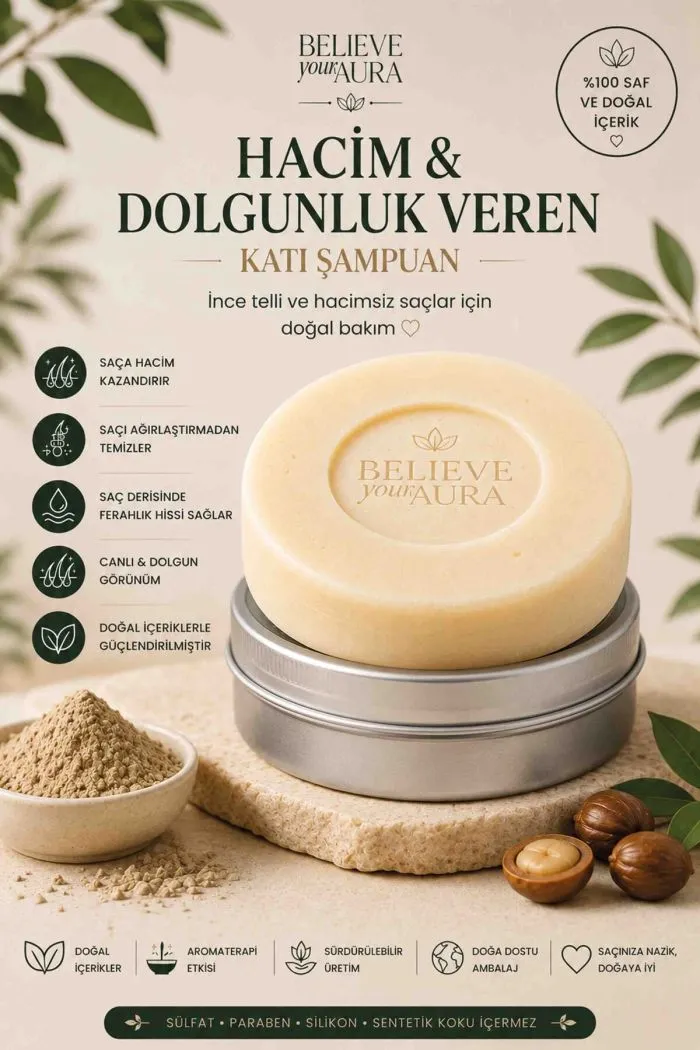 Hacim ve Dolgunluk Veren Katı Şampuan - %100 Doğal İnce Telli ve Normal Saçlar İçin Kaolin Kil Biberiye Yağı Provitamin B5 - 100 gr