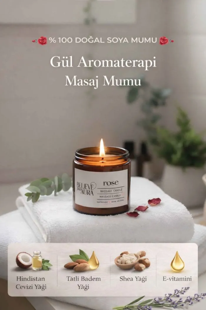Gül Kokulu Masaj Mumu - %100 Saf ve Doğal Hindistan Cevizi ve Shea Yağı Spa Masaj Mumu - 100 cc