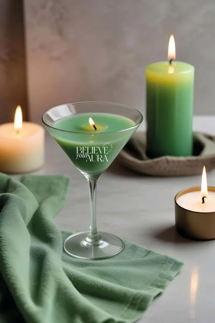Vanilya Kokulu Bardak Mum - %100 Doğal Soya Mumu Martini Kadeh Yeşil Mum 170 cc