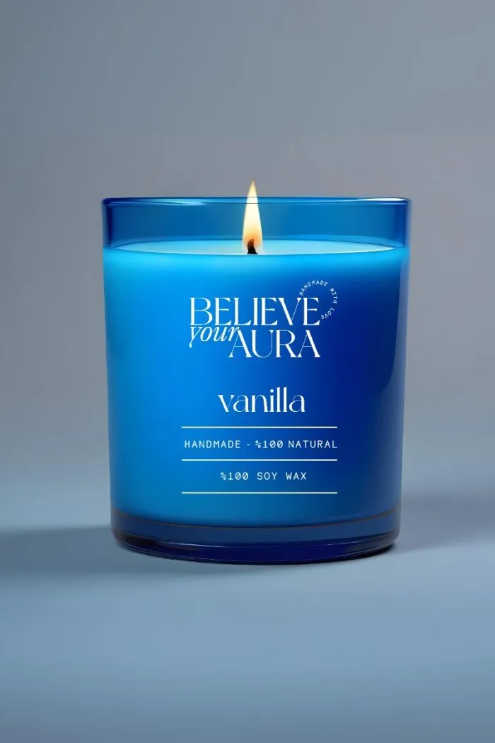 Vanilya Kokulu Bardak Mum - %100 Doğal Soya Mumu Aromaterapi Mavi Bardak Mum 250 cc