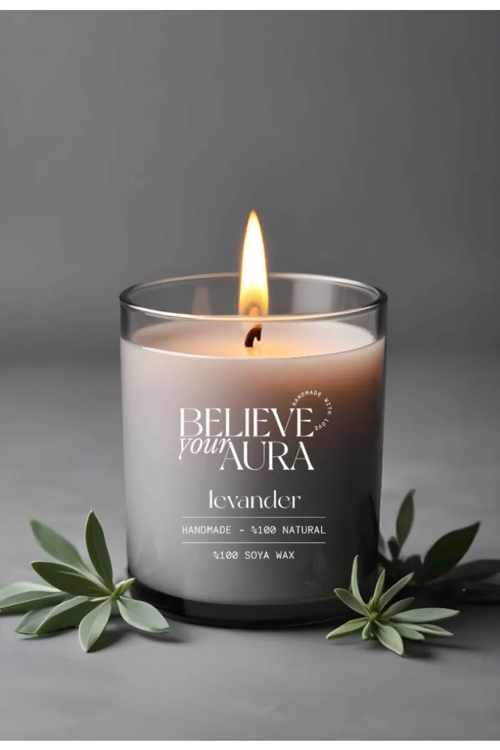 Lavanta Kokulu Mum - %100 Doğal Soya Mumu Aromaterapi ve Dekoratif Gri Bardak Mum 300 cc