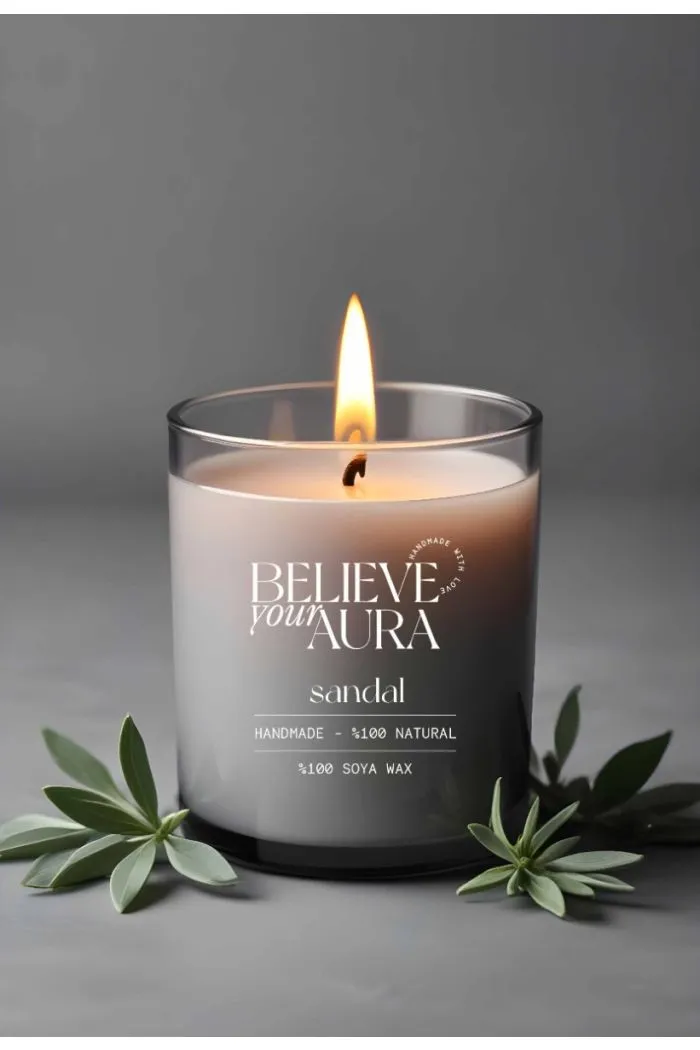 Sandal Ağacı Kokulu Mum - %100 Doğal Soya Mumu Aromaterapi ve Dekoratif Gri Bardak Mum 300 cc
