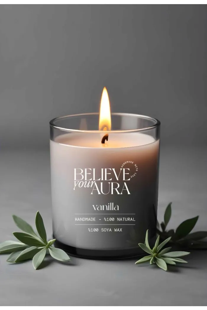Vanilya Kokulu Mum - %100 Doğal Soya Mumu Aromaterapi ve Dekoratif Gri Bardak Mum 300 cc