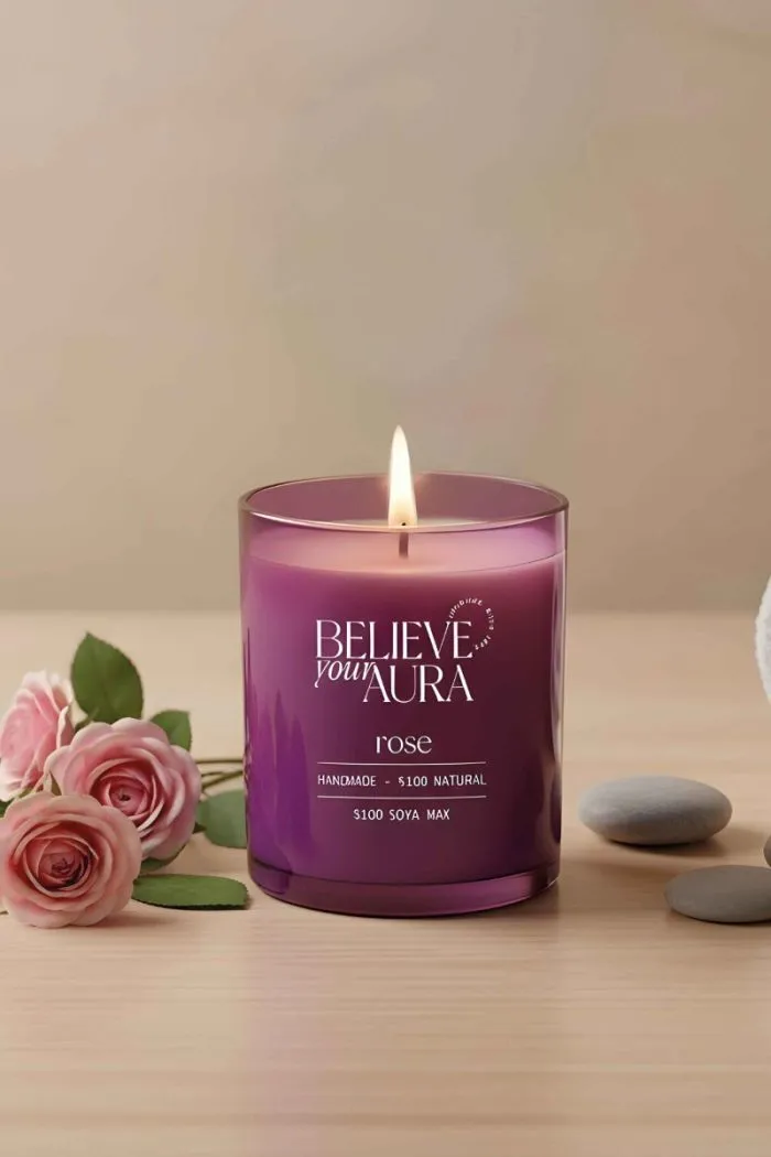 Gül Kokulu Bardak Mum - %100 Doğal Soya Mumu Aromaterapi Mor Bardak Mum 280 cc