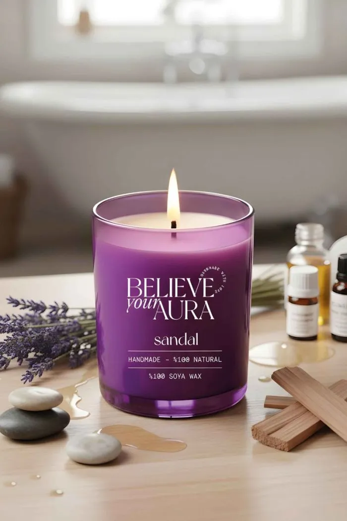 Sandal Ağacı Kokulu Mum - %100 Doğal Soya Mumu Mor Bardak Aromaterapi Mum 280 cc