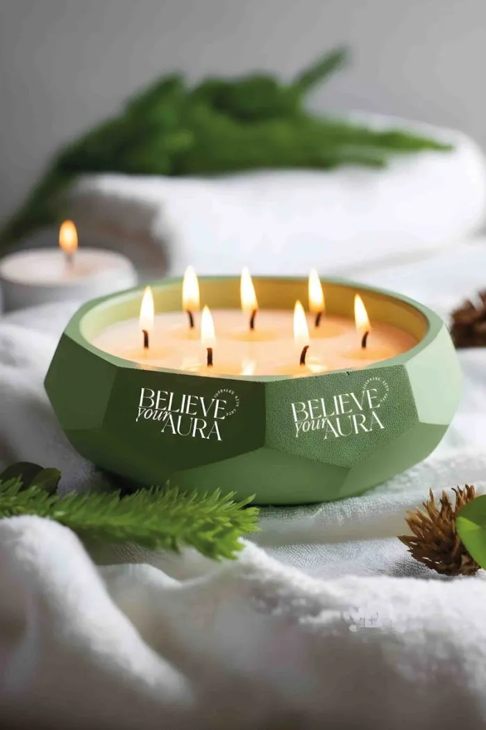 Sandal Ağacı Kokulu Mum - %100 Soya Mumu El Yapımı Yeşil Beton Aromaterapi Kokulu Mum - 450 cc