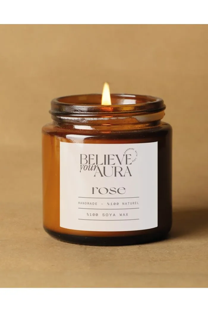 Gül Kokulu Kavanoz Mum - %100 Doğal Soya Mumu Amber Kavanoz Aromaterapi Mum 100 cc