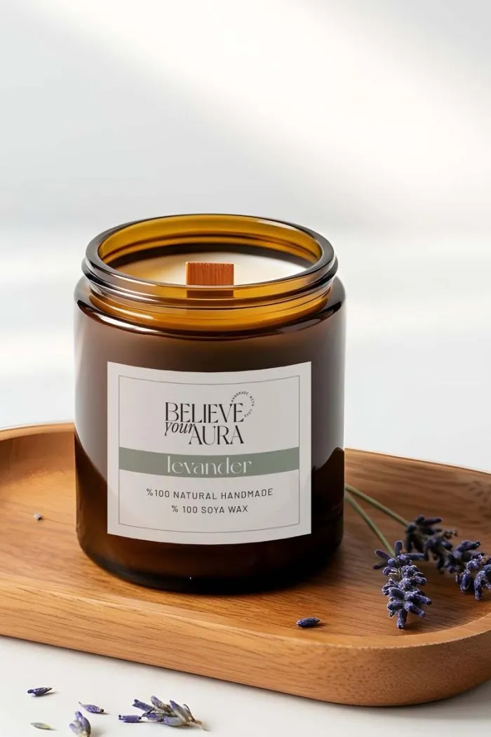 Lavanta Kokulu Kavanoz Mum - %100 Doğal Sürülebilir Soya Mumu Ahşap Fitilli Kokulu Mum - 240 cc