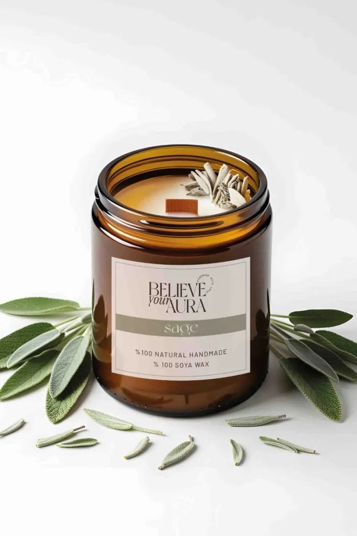 Adaçayı Dekorlu Doğal Soya Mumu - Adaçayı Kokulu Ahşap Fitilli Aromaterapi Kavanoz Mum - 240 cc