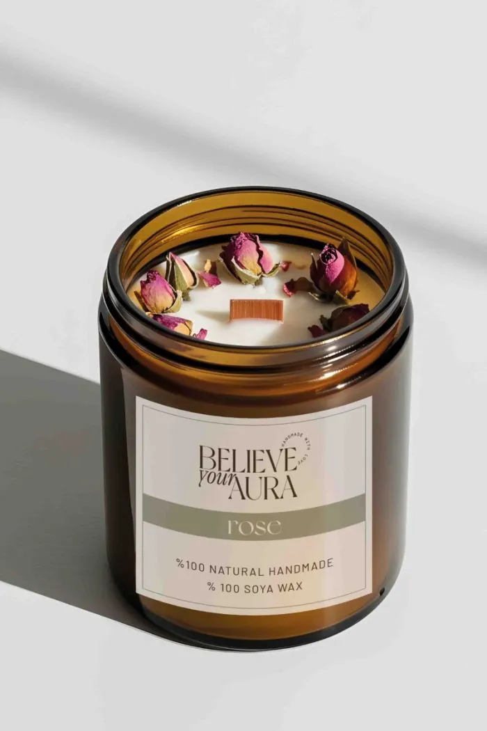 Gül Dekorlu Doğal Soya Mumu - Gül Kokulu Ahşap Fitilli Aromaterapi Kavanoz Mum - 240 cc