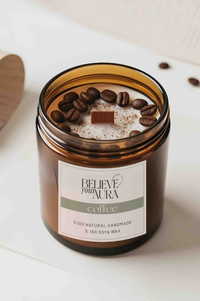 Kahve Dekorlu Doğal Soya Mumu - Kahve Kokulu Ahşap Fitilli Aromaterapi Kavanoz Mum 240 cc