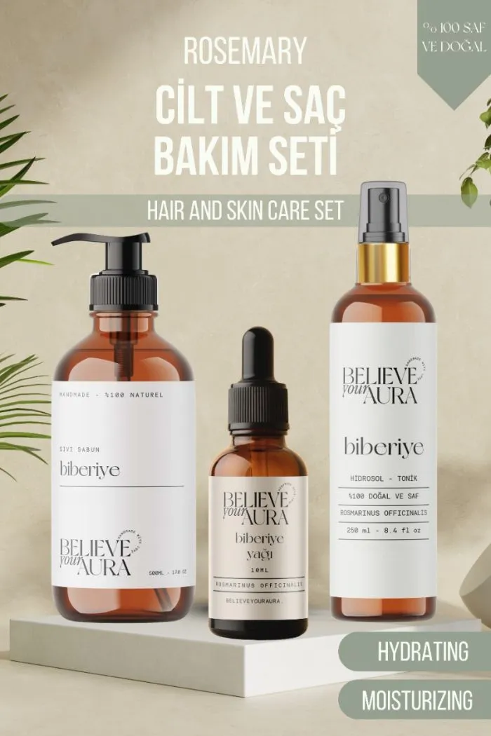 Biberiye Cilt ve Saç Bakım Seti - %100 Saf ve Doğal Biberye Yağı Biberiye Suyu ve Cilt Sıvı Sabunu
