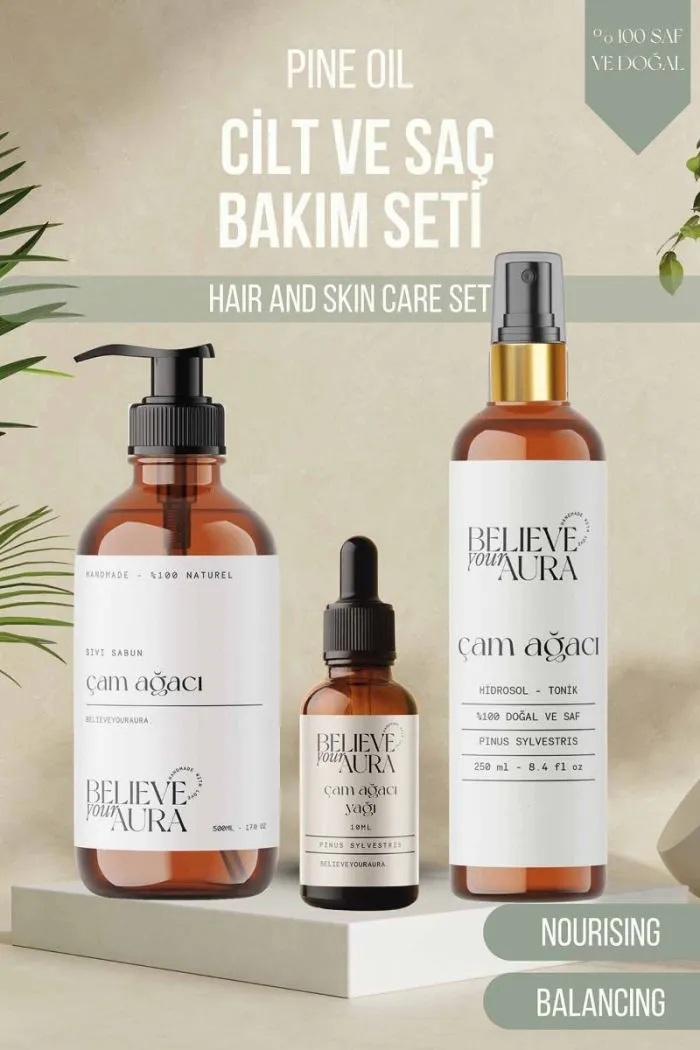 Çam Ağacı ve Saç Cilt Bakım Seti - %100 Saf ve Doğal Çam Ağacı Yağı Çam Ağacı Hidrosolü Çam Ağacı El ve Cilt Sıvı Sabunu