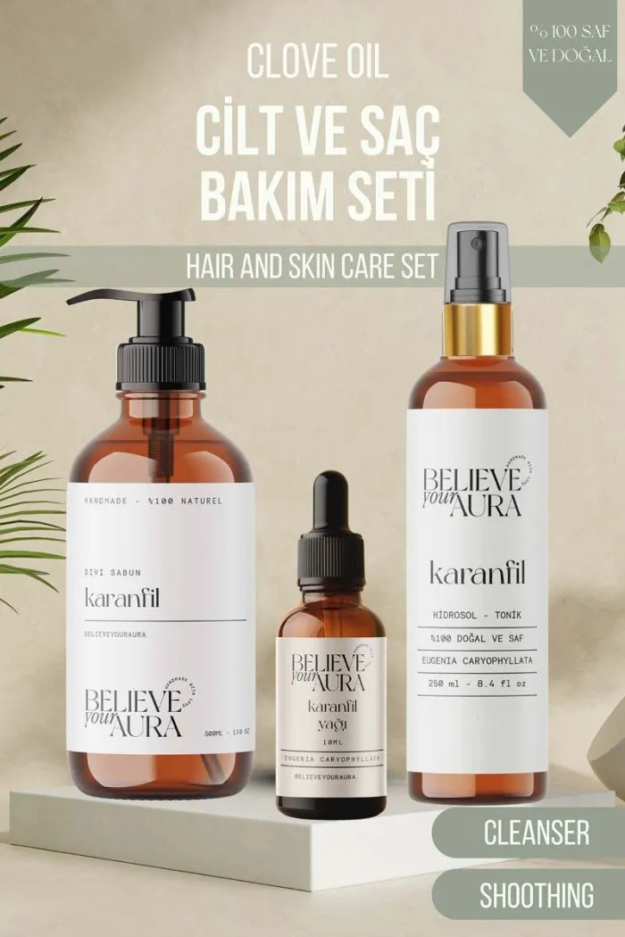 Karanfil Cilt Bakım Seti - %100 Saf ve Doğal Karanfil Yağı Karanfil Hidrosolü Karanfil El ve Cilt Sıvı Sabunu