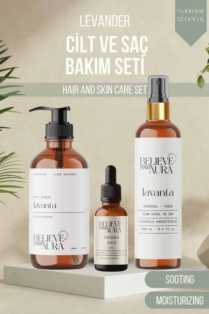 Lavanta Cilt Bakım Seti - %100 Saf ve Doğal Lavanta Yağı Lavanta Hidrosolü Lavanta El ve Cilt Sıvı Sabunu