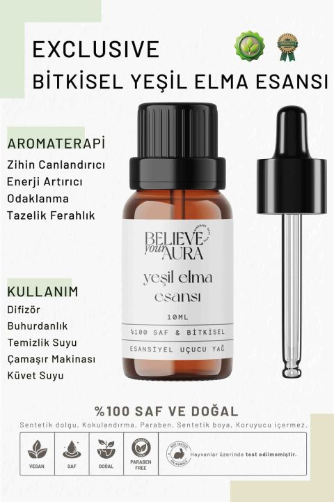 Doğal Yeşil Elma Esansı - %100 Saf ve Bitkisel Buhurdanlık Difüzör Exclusive Ortam Kokusu - 10 ml