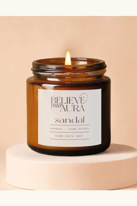Sandal Ağacı Kokulu Mum - %100 Doğal Soya Mumu Amber Kavanoz Aromaterapi Mum 100 cc