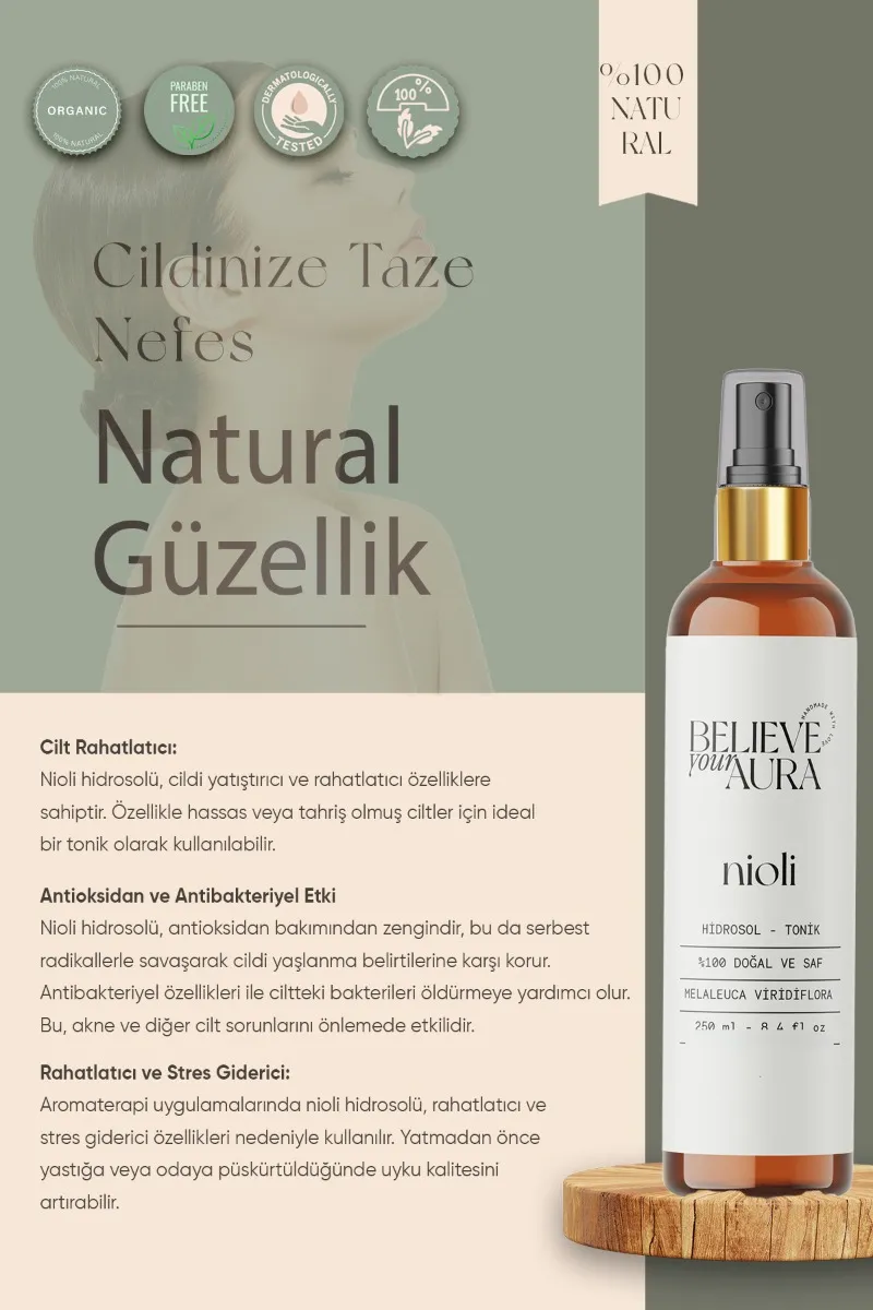 Believe Your Aura Nioli Suyu %100 Saf Ve Doğal Enfeksiyon Önleyici Sebum Dengeleyici Akne Karşıtı Tonik HDTNIO-753