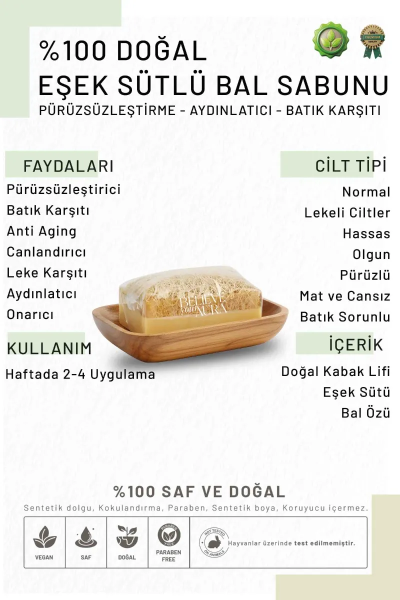 Believe Your Aura Eşek Sütlü Bal Sabunu - Doğal Kabak Lifli Anti Aging Leke Karşıtı Aydınlatıcı Bakım Sabunu KASBAL150-ES