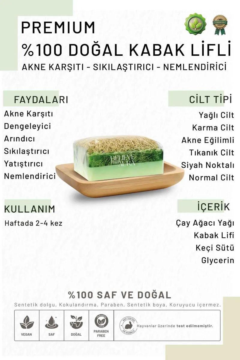 Believe Your Aura Keçi Sütlü Çay Ağacı Sabunu - %100 Doğal Kabak Lifli Keçi Sütlü El Yapımı Çay Ağacı Sabunu KASCAY204-KS